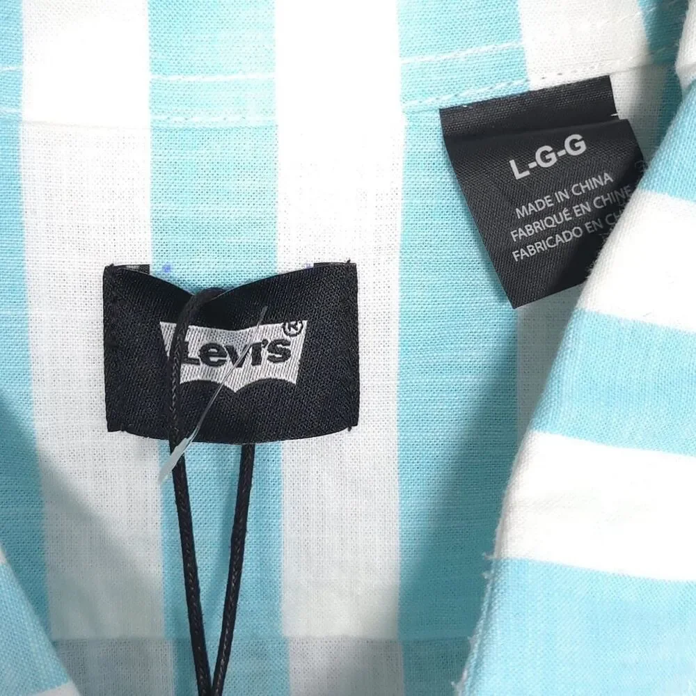 LEVI’S New Blue White Striped Button Shirt Two Horse Patch 100% Cotton Men LARGE